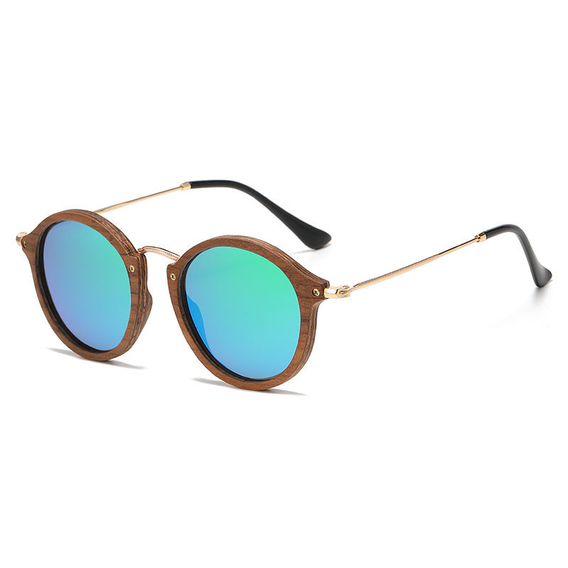 Women's Casual All-matching Round Frame Walnut Wooden Sunglasses