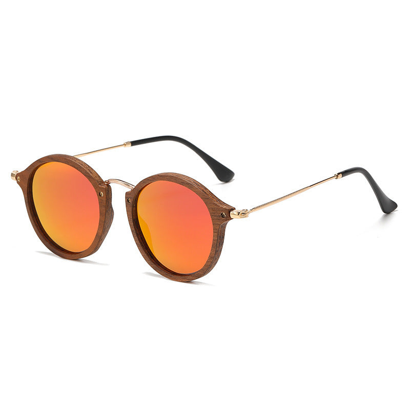 Women's Casual All-matching Round Frame Walnut Wooden Sunglasses