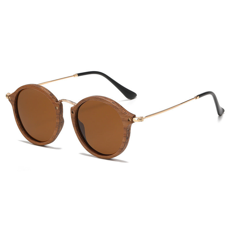 Women's Casual All-matching Round Frame Walnut Wooden Sunglasses