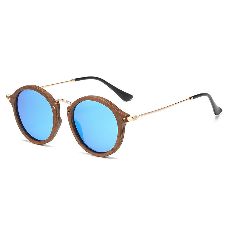 Women's Casual All-matching Round Frame Walnut Wooden Sunglasses