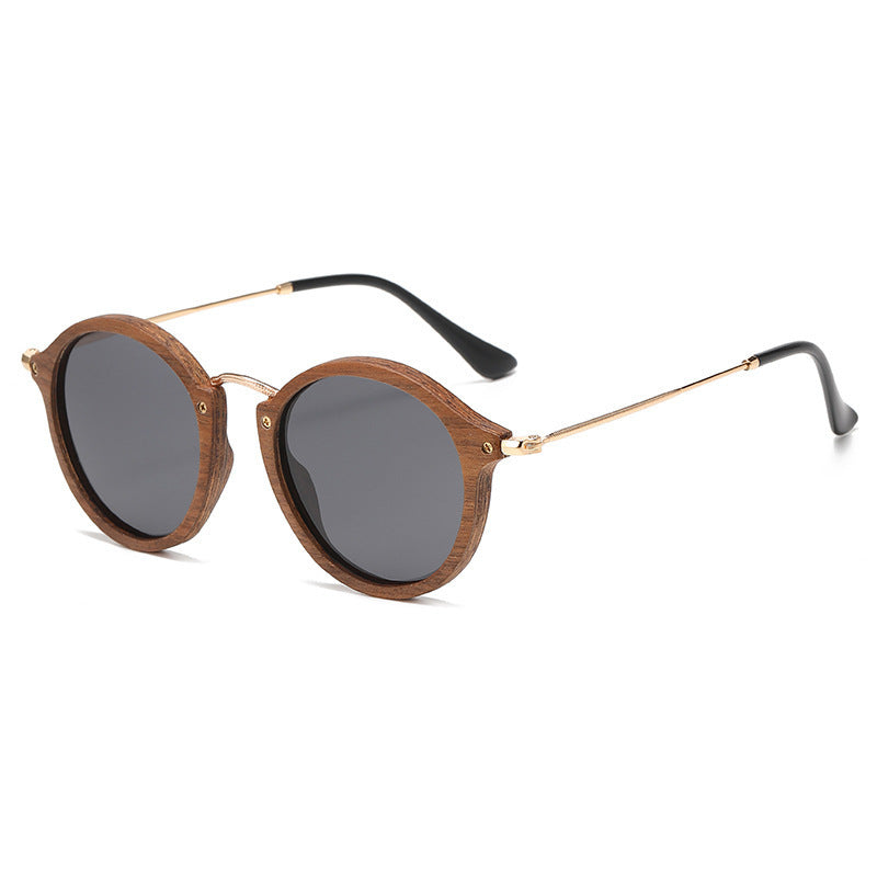 Women's Casual All-matching Round Frame Walnut Wooden Sunglasses