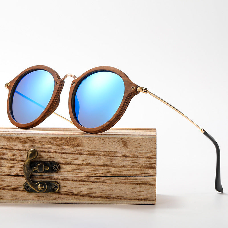 Women's Casual All-matching Round Frame Walnut Wooden Sunglasses