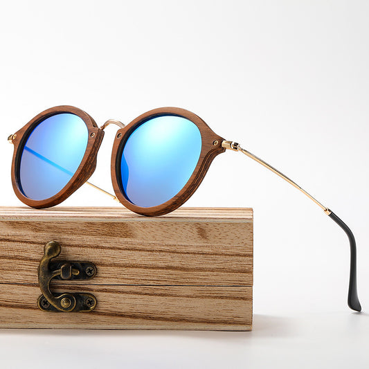 Women's Casual All-matching Round Frame Walnut Wooden Sunglasses